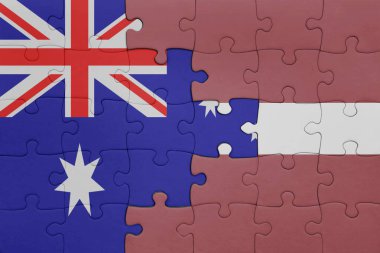 Letonya 'nın renkli ulusal bayrağı ve Avustralya bayrağıyla ilgili bulmacalar. konsept