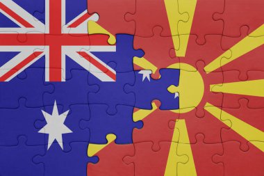 Macedonia 'nın renkli ulusal bayrağı ve Avustralya bayrağıyla ilgili bulmacalar. konsept