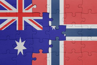 Norveç 'in renkli ulusal bayrağı ve Avustralya bayrağı ile ilgili bulmacalar. konsept