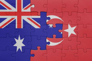 Avustralya bayrağı ve hindinin renkli ulusal bayrağıyla bulmaca. konsept