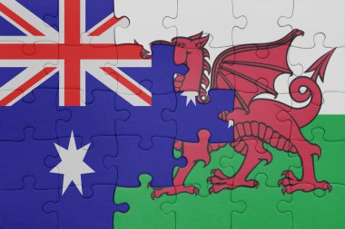 Galler 'in renkli ulusal bayrağı ve Avustralya bayrağı ile bulmaca. konsept
