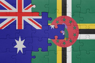 Dominica 'nın renkli ulusal bayrağı ve Avustralya bayrağıyla ilgili bulmacalar. konsept