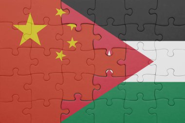 Ürdün 'ün renkli ulusal bayrağı ve Çin bayrağı ile bulmaca. konsept