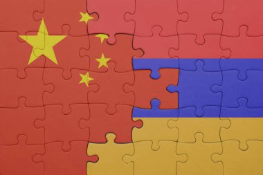 Ermenistan 'ın renkli ulusal bayrağı ve Çin bayrağı bulmacası. konsept