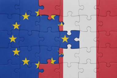 Peru 'nun renkli ulusal bayrağı ve Avrupa Birliği bayrağıyla ilgili bulmacalar. konsept