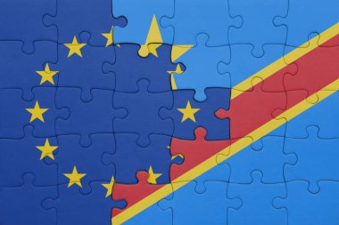 Demokratik Kongo Cumhuriyeti 'nin renkli ulusal bayrağı ve Avrupa Birliği bayrağının bulmacası. konsept