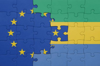 Gabon 'un renkli ulusal bayrağı ve Avrupa Birliği bayrağıyla ilgili bulmacalar. konsept