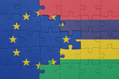 Mauritius 'un renkli ulusal bayrağı ve Avrupa Birliği bayrağının bulmacası. konsept