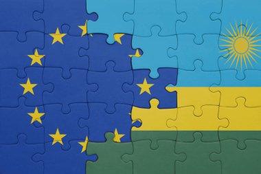 Ruanda 'nın renkli ulusal bayrağı ve Avrupa Birliği bayrağının bulmacası. konsept