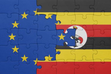 Uganda 'nın renkli ulusal bayrağı ve Avrupa Birliği bayrağıyla ilgili bulmacalar. konsept