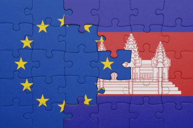 Kamboçya 'nın renkli ulusal bayrağı ve Avrupa Birliği bayrağı bulmacası. konsept