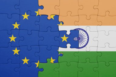Hindistan 'ın renkli ulusal bayrağı ve Avrupa Birliği bayrağı bulmacası. konsept