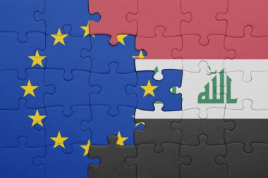 Irak 'ın renkli ulusal bayrağı ve Avrupa Birliği bayrağıyla ilgili bulmacalar. konsept