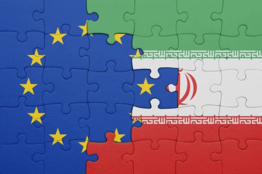 İran 'ın renkli ulusal bayrağı ve Avrupa Birliği bayrağıyla ilgili bulmacalar. konsept