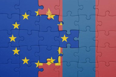 Moğolistan 'ın renkli ulusal bayrağı ve Avrupa Birliği bayrağıyla ilgili bulmacalar. konsept