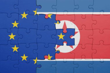 Kuzey Kore 'nin renkli ulusal bayrağı ve Avrupa Birliği bayrağıyla ilgili bulmacalar. konsept