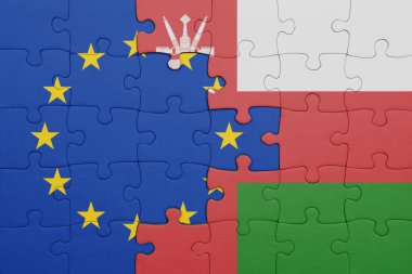 Umman ve Avrupa Birliği bayrağının renkli ulusal bayrağıyla ilgili bulmacalar. konsept