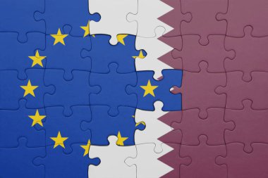 Katar 'ın renkli ulusal bayrağı ve Avrupa Birliği bayrağının bulmacası. konsept
