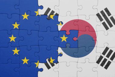 Güney Kore 'nin renkli ulusal bayrağı ve Avrupa Birliği bayrağıyla ilgili bulmacalar. konsept