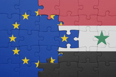 Suriye 'nin renkli ulusal bayrağı ve Avrupa Birliği bayrağıyla ilgili bulmacalar. konsept