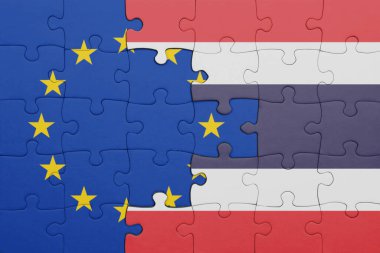 Tayland ve Avrupa Birliği bayrağının renkli ulusal bayrağıyla ilgili bulmacalar. konsept