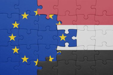 Avrupa Birliği bayrağı ve Yemen 'in renkli ulusal bayrağıyla ilgili bulmacalar. konsept