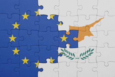 Siyanın renkli ulusal bayrağı ve Avrupa Birliği bayrağının bulmacası. konsept