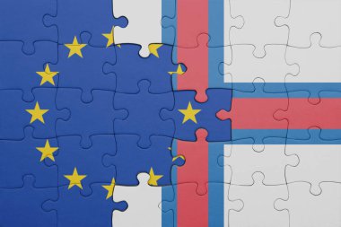 Faroe adalarının renkli ulusal bayrağı ve Avrupa Birliği bayrağıyla ilgili bulmacalar. konsept