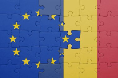 Romanya 'nın renkli ulusal bayrağı ve Avrupa Birliği bayrağıyla ilgili bulmacalar. konsept