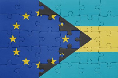 Bahamaların renkli ulusal bayrağı ve Avrupa Birliği bayrağıyla ilgili bulmacalar. konsept
