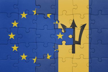 Barbados 'un renkli ulusal bayrağı ve Avrupa Birliği bayrağıyla ilgili bulmacalar. konsept
