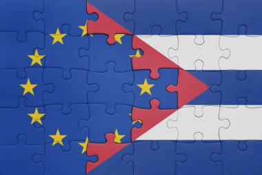 Küba 'nın renkli ulusal bayrağı ve Avrupa Birliği bayrağıyla ilgili bulmacalar. konsept