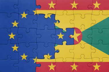 Grenada 'nın renkli ulusal bayrağı ve Avrupa Birliği bayrağı bulmacası. konsept