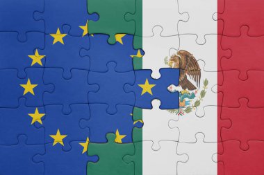 Meksika 'nın renkli ulusal bayrağı ve Avrupa Birliği bayrağının bulmacası. konsept