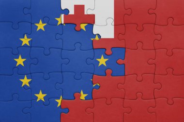 Tonga 'nın renkli ulusal bayrağı ve Avrupa Birliği bayrağı bulmacası. konsept