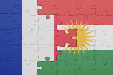 Kürdistan 'ın renkli ulusal bayrağı ve Fransa bayrağının bulmacası. konsept