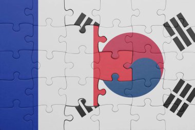 Güney Kore 'nin renkli ulusal bayrağı ve Fransa bayrağının bulmacası. konsept