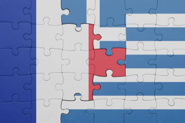 Yunanistan 'ın renkli ulusal bayrağı ve Fransa bayrağının bulmacası. konsept