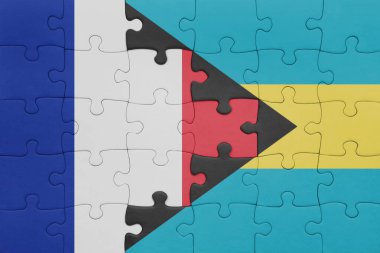 Bahamalar 'ın renkli ulusal bayrağı ve Fransa bayrağı. konsept