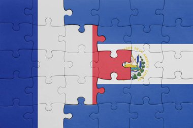 El Salvador 'un renkli ulusal bayrağı ve Fransa bayrağı. konsept