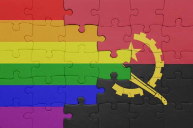 Angola 'nın renkli ulusal bayrağı ve gökkuşağı eşcinsellik gururu bayrağı. konsept