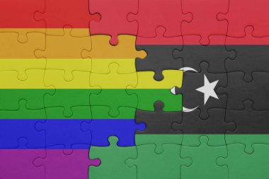 Libya 'nın renkli ulusal bayrağı ve gökkuşağı eşcinsellik gururu bayrağı. konsept
