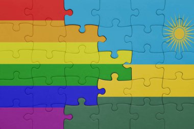 Ruanda 'nın renkli ulusal bayrağı ve gökkuşağı gay gurur bayrağı ile bulmaca. konsept