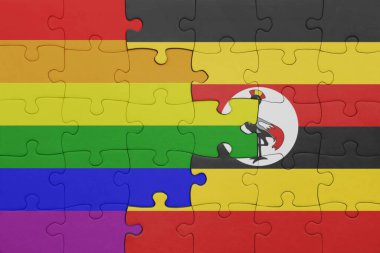 Uganda ve gökkuşağı eşcinsellik bayrağının renkli ulusal bayrağıyla bulmaca. konsept