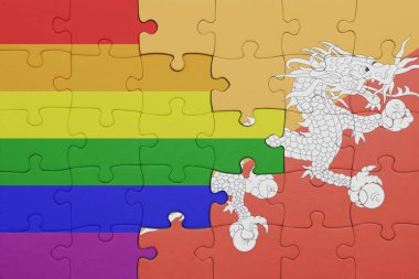 Bhutan ve gökkuşağı eşcinsellik bayrağının renkli ulusal bayrağıyla bulmaca. konsept