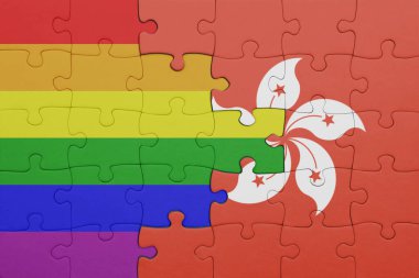 Hong Kong 'un renkli ulusal bayrağı ve gökkuşağı gay gurur bayrağı. konsept