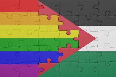 Ürdün 'ün renkli ulusal bayrağı ve gökkuşağı eşcinsellik bayrağı. konsept