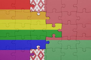 Beyaz Rusya 'nın renkli ulusal bayrağı ve gökkuşağı eşcinsellik gururu bayrağı. konsept