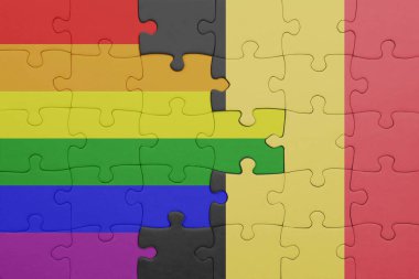 Belçika 'nın renkli ulusal bayrağı ve gökkuşağı gay gurur bayrağı ile bulmaca. konsept