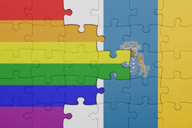 Kanarya adalarının renkli ulusal bayrağı ve gökkuşağı eşcinsellik gururu bayrağı. konsept